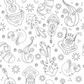 A seamless background pattern of happy, floating, cartoon, vector aliens monsters. Kiddy wallpaper or linen cloth textile design.